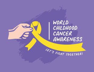 World childhood cancer poster design with a hand is holding a yellow ribbon illustration