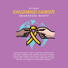 World childhood cancer poster design with hands holding a yellow ribbon illustration