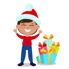 The boy is dressed in a Santa Claus hat and stands right next to the gifts. The child is happy and smiling. Character design isolated on white background.