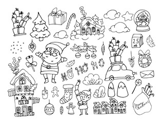 Christmas doodle set. Line hand drawn Santa Claus, gifts, car, house, elf, sock, Christmas toys, Christmas tree, bushes, houses, mountains, clouds, letter, calendar with number 25.