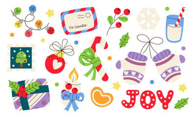 Fototapeta premium Set of merry christmas gift, garlands, candy, candle, snowflake, winter mittens, fir tree baubles, joy, milk, post mark. Holiday festive decoration. Hygge, cozy xmas household. Happy New Year 2023.