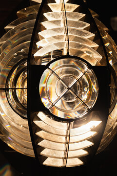Bright lighthouse lamp with a Fresnel lens. Close up