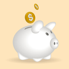 Piggy bank and gold coins. 3d illustration of dollars,
 bitcoin. Vector of the piggy bank and coin icon.