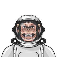 Vector Smiling Chimpanzee Ape with Astronaut Helmet, Suit. Funny Monkey, Cosmonaut Mask for Space Exploration. Spaceman Head Protection for Wall Art, T-shirt Print, Poster. Cartoon Cute Chimp Monkey