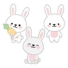 Set of three cute rabbits in kawaii style. One is standing, the second is sitting, the third is holding a carrot.