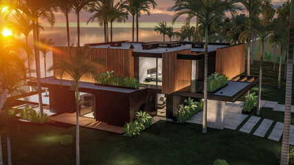 3d rendering of modern house with wood plank facade by the sea or ocean on sunset