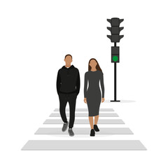 A male character and a female character are walking along a pedestrian crossing at a green traffic light