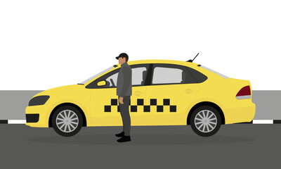 A male character stands near a yellow taxi on the road next to the sidewalk