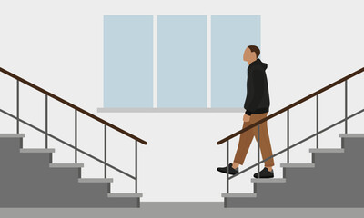 Male character descends the stairs