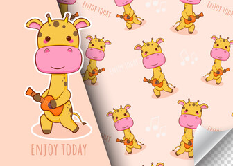 Cute cartoon giraffe character playing guitar. Kids card and seamless background pattern. Hand drawn design vector illustration.