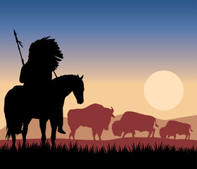 native with buffaloes sunset