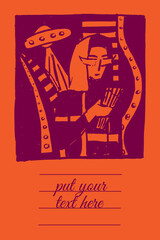 Obraz na płótnie Canvas Card with Illustration of a girl from the galaxy on orange