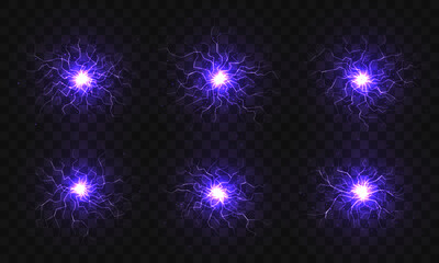 Electric balls and lightning strikes. Lightning flash light thunder spark effect.