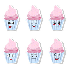 Vector set of funny cupcake stickers with kawaii emotion. Kawaii Faces. Vector illustration on white background