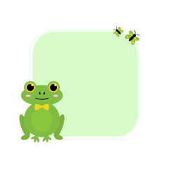 Square frame, card template, background with green frog character and butterflies for nature design.
