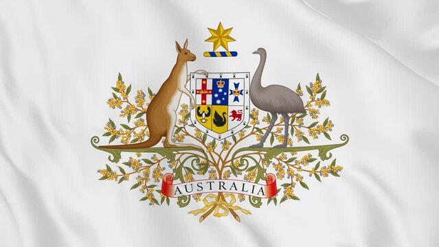 national emblem coat of arms or symbol of  australia in waving flag. smooth 4k video seemless loop