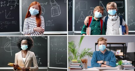 Collage of different people a school during quarantine. Female teacher in classroom. Little teen kids with backpacks at school. Woman educator at workplace. Boys and girl in masks. Education concept - Powered by Adobe