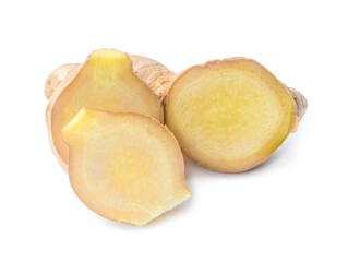 Fresh ginger with slices isolated on white background with clipping path