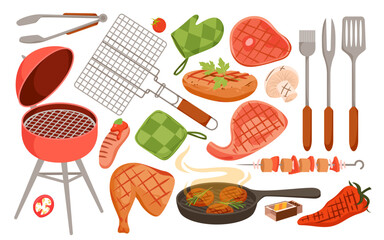 Isolated barbeque menu set for summer party with meat on skewer and sausage, beef steak and vegetables, kitchen equipment and tools. BBQ set, hot barbecue grilled food vector illustration