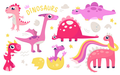 Cartoon isolated adorable dino characters for childish collection of kindergarten decoration, funny prehistoric baby animal in egg, little tyrannosaurus. Cute pink dinosaur set vector illustration
