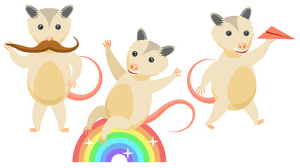 Set Abstract Collection Flat Cartoon Different Animal Opossum Twists His Mustache, Rides A Rainbow, Launches A Paper Airplane Vector Design Style Elements Fauna Wildlife