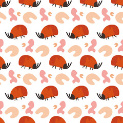 Seamless pattern with cute hand drawn red bugs with abstract shapes Simple flat cartoon style Watercolor texture Vector illustration for wrapping paper, textile, fabric, packaging, nursery decoration