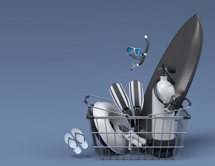 Colorful luggage with beach accessories and shopping basket on black and white