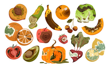 Cartoon isolated ugly waste collection with different old damaged food with rot, mold and dirty peel from biodegradable recycle garbage bin. Rotten fruit and vegetables set vector illustration