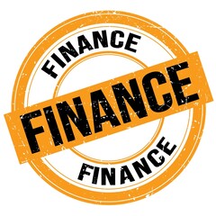 FINANCE text written on orange-black round stamp sign