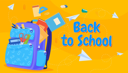 Banner with school backpacks. Back to school. Children briefcases for carrying school supplies. Vector illustration - obrazy, fototapety, plakaty