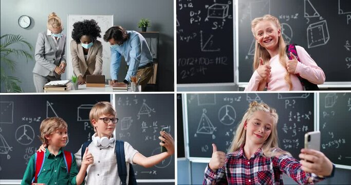 Multi screen. School education concept. Multiracial teachers standing in cabinet looking at tablet device. Children taking selfie photos on smartphones in classroom. Happy childhood. Pupils at class