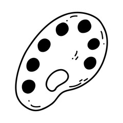 Hand drawn doodle palette with paint. Outline black icon, vector sketch illustration of artist s paints palette for print, coloring page, kids design, logo