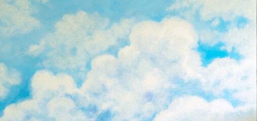 Obraz premium Beautiful painting of clouds and sky on cement wall. Scratched blue wall texture(backdrop surface). Concrete wall with clouds and sky picture. Abstract beautiful pattern clouds on blue sky background.