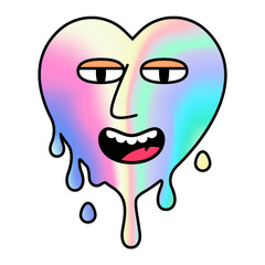 Melting face holographic heart. Trippy psychedelic sticker