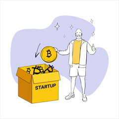 a guy throws a bitcoin coin into a box with the inscription startup
