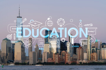 Skyline of New York City Financial Downtown Skyscrapers at sunset. Manhattan, NYC, USA. View from New Jersey. Technologies and education concept. Academic research, top ranking university, hologram