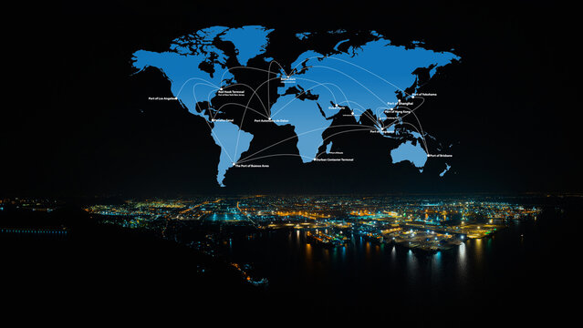Global network coverage world map import-export, Network logistics partnership connection busiest container ports. Container ships loading and unloading background.