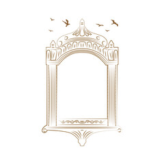 Jharokha vector illustration. Window architecture illustration. Jharokha with Birds illustration. Line art arch illustration. Flying Birds illustration. Rajasthani Jharokha vector.	