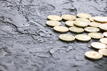 Gold coins on a black background. Pile of gold coins.Copy space. Treasure Hunt