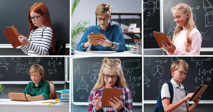 Close up of many different Caucasian children tapping on tablets in school. Teen boys and girls using devices browsing online. Elementary education. E-learning concept. Collage of kids with gadgets