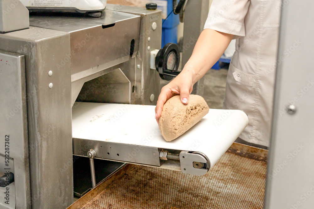 Wall mural molded dough on conveyor belt. operator's hand takes dough from conveyor belt. one of stages of brea