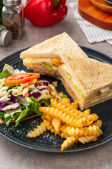 Tuna sandwich with french fries and salad.
