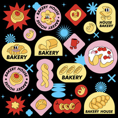 Vector set in retro style fbakery shop stickers. Colorful patch badges for bakery cafe.