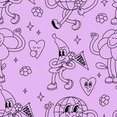 Vector illustration set of banana fruit, chamomile flower and planet Earth characters ìn retro style. Groovy stickers with happy faces. Seamless pattern.