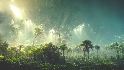 Fototapeta premium Exotic tropical palm forest at sunset, sun rays through leaves, shadows. Tropical forest, exotic forest background, green oasis. 3D illustration.