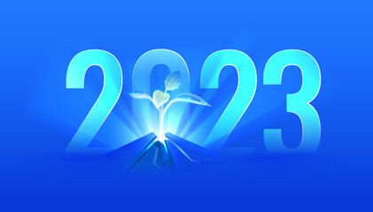 2023 digital futuristic illustration. Growth plant on the background of the new year. Vector illustration