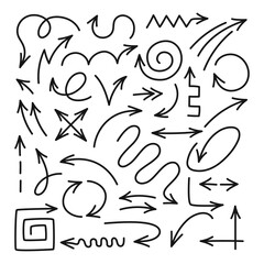 Hand drawn arrows set. Vector doodle style illustration. Collection of curved pointers