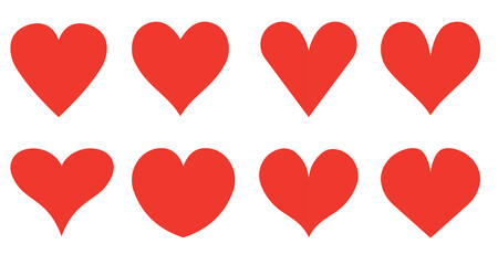 Vector reds hearts set. Hearts on a white background. Most popular heart shapes. Vector illustration.
