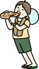 縁日でたこせんをほおばる男の子のイラスト