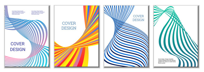 A set of 4 abstract covers. Wavy parallel gradient lines, ribbons evolve. Cover design, background. Trendy banner, poster.